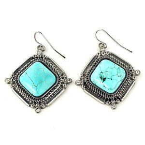 Faux Turquoise Silver Tone Drop Earrings Square Western Boho Statement